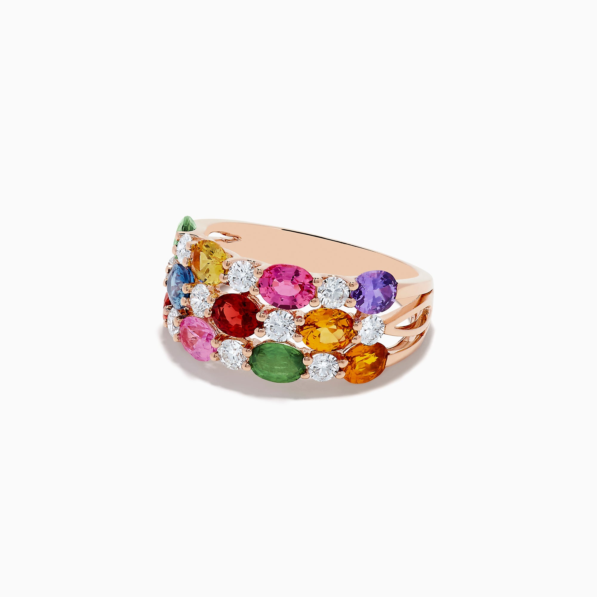 The 14K Rose Gold Multi Sapphire and Diamond Ring showcases three rows of vibrant oval sapphires in pink, green, blue, yellow, red, and orange with sparkling white diamonds on a white background.