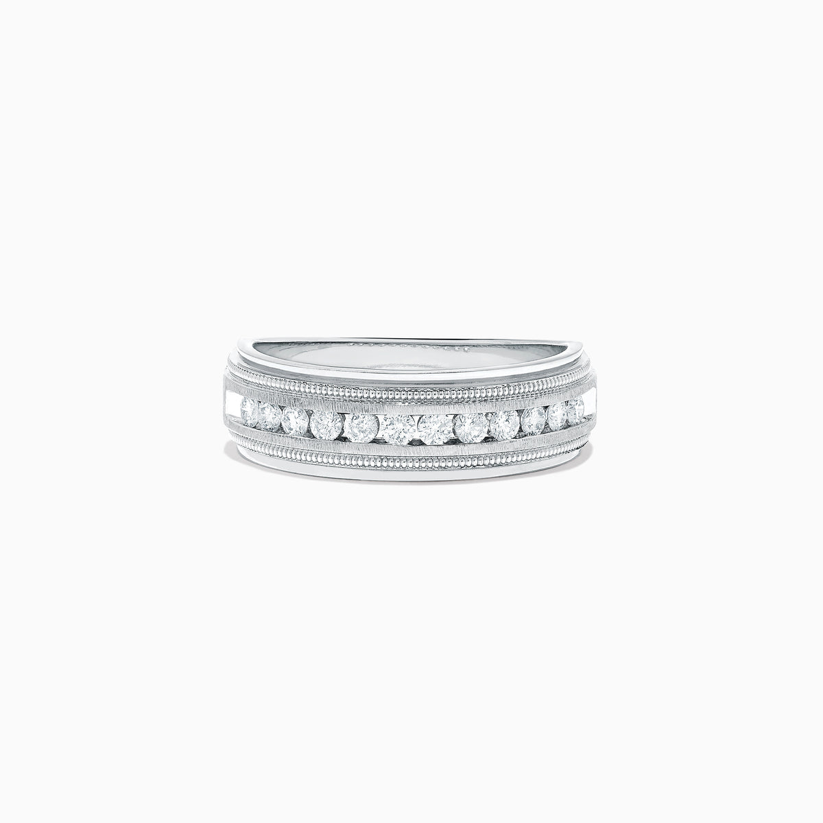The Mens 14K White Gold Diamond Ring, 0.47 TCW, features a row of small round diamonds centered on the band with detailed milgrain borders, shown on a plain white background.