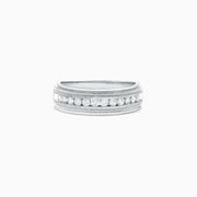 The Mens 14K White Gold Diamond Ring, 0.47 TCW, features a row of small round diamonds centered on the band with detailed milgrain borders, shown on a plain white background.