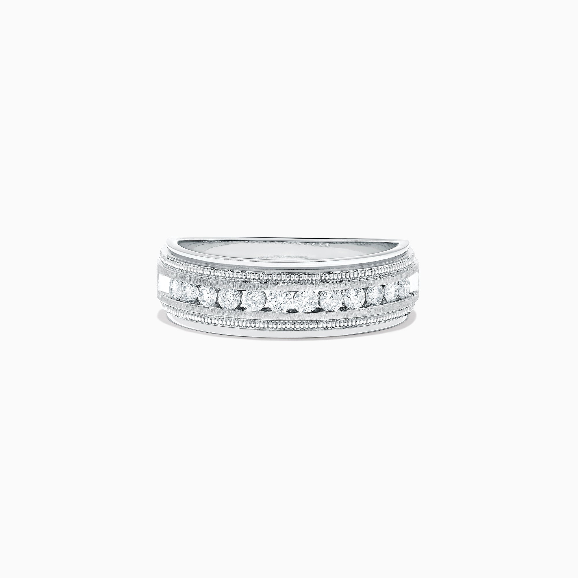 The Mens 14K White Gold Diamond Ring, 0.47 TCW, features a row of small round diamonds centered on the band with detailed milgrain borders, shown on a plain white background.