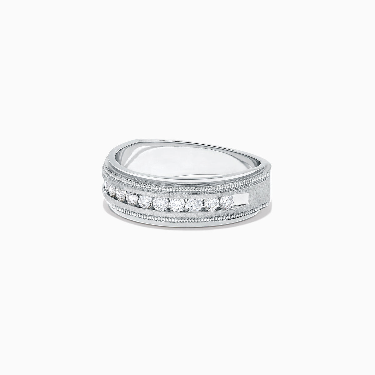The Mens 14K White Gold Diamond Ring, 0.47 TCW, features a row of small round diamonds centered on the band with detailed milgrain borders, shown on a plain white background.