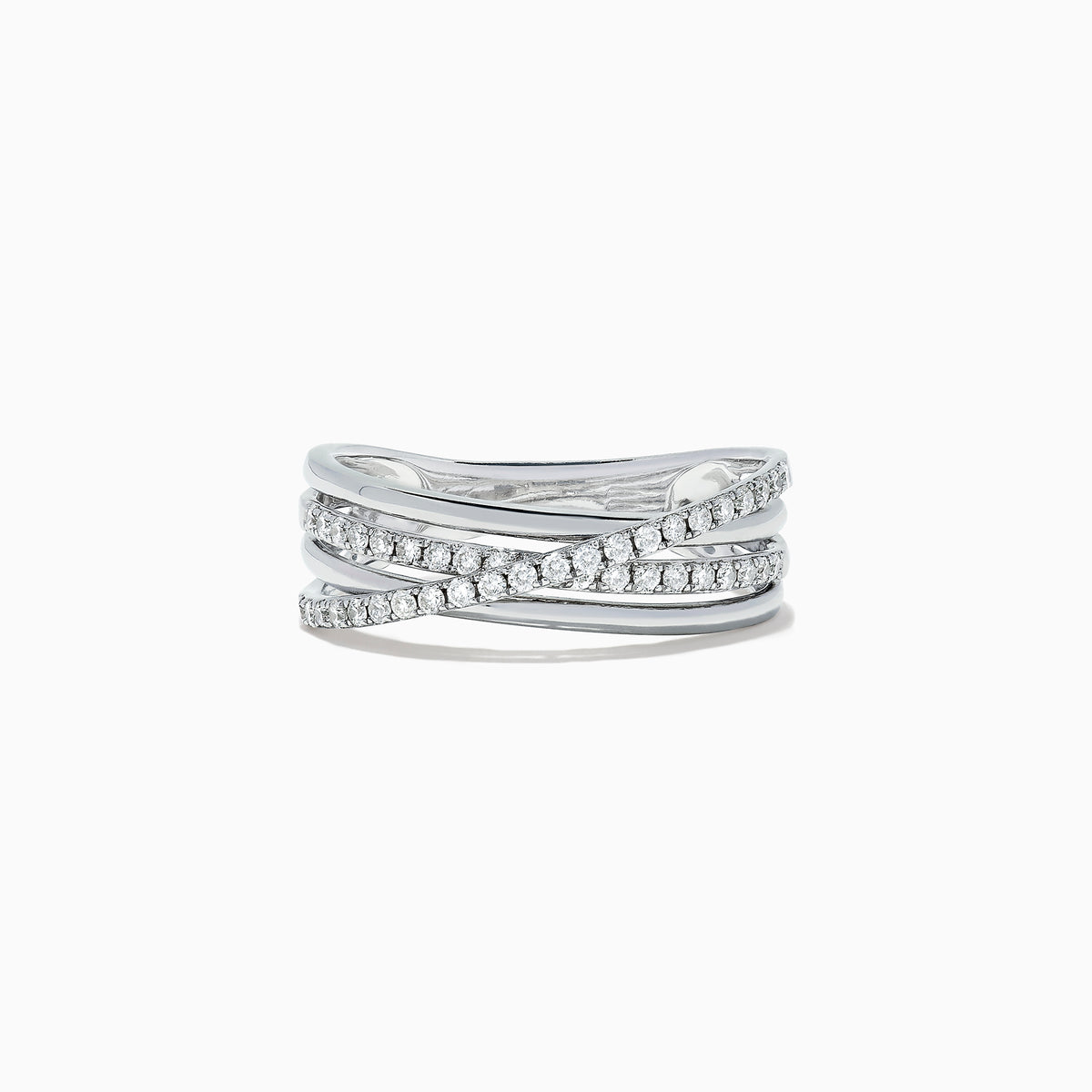 The Pave Classica 14K White Gold Diamond Cross Over Ring features three overlapping wavy bands, two accented with shimmering diamonds (0.29 TCW), for a sophisticated layered look.