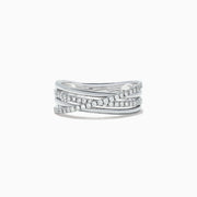 The Pave Classica 14K White Gold Diamond Cross Over Ring features three overlapping wavy bands, two accented with shimmering diamonds (0.29 TCW), for a sophisticated layered look.