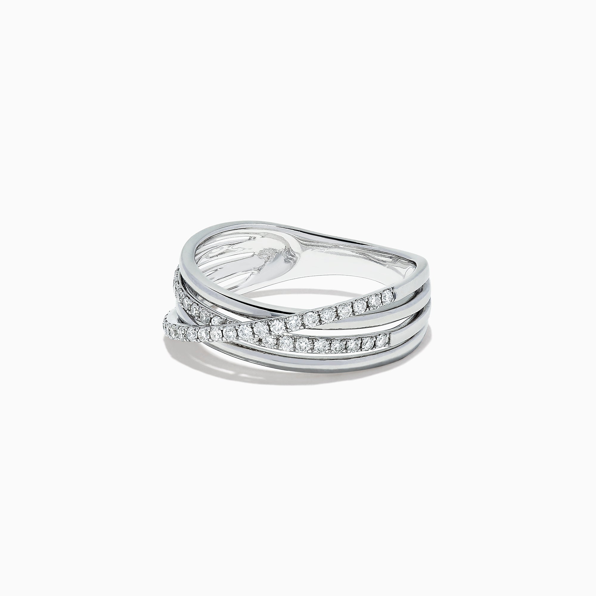 The Pave Classica 14K White Gold Diamond Cross Over Ring features three overlapping wavy bands, two accented with shimmering diamonds (0.29 TCW), for a sophisticated layered look.