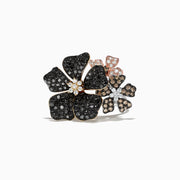 The Nature 14K Gold Black, Espresso & White Diamond Flower Ring, 2.04 TCW, showcases three overlapping diamond-encrusted flowers that embody the Effy Nature collection’s elegance against a crisp white background.