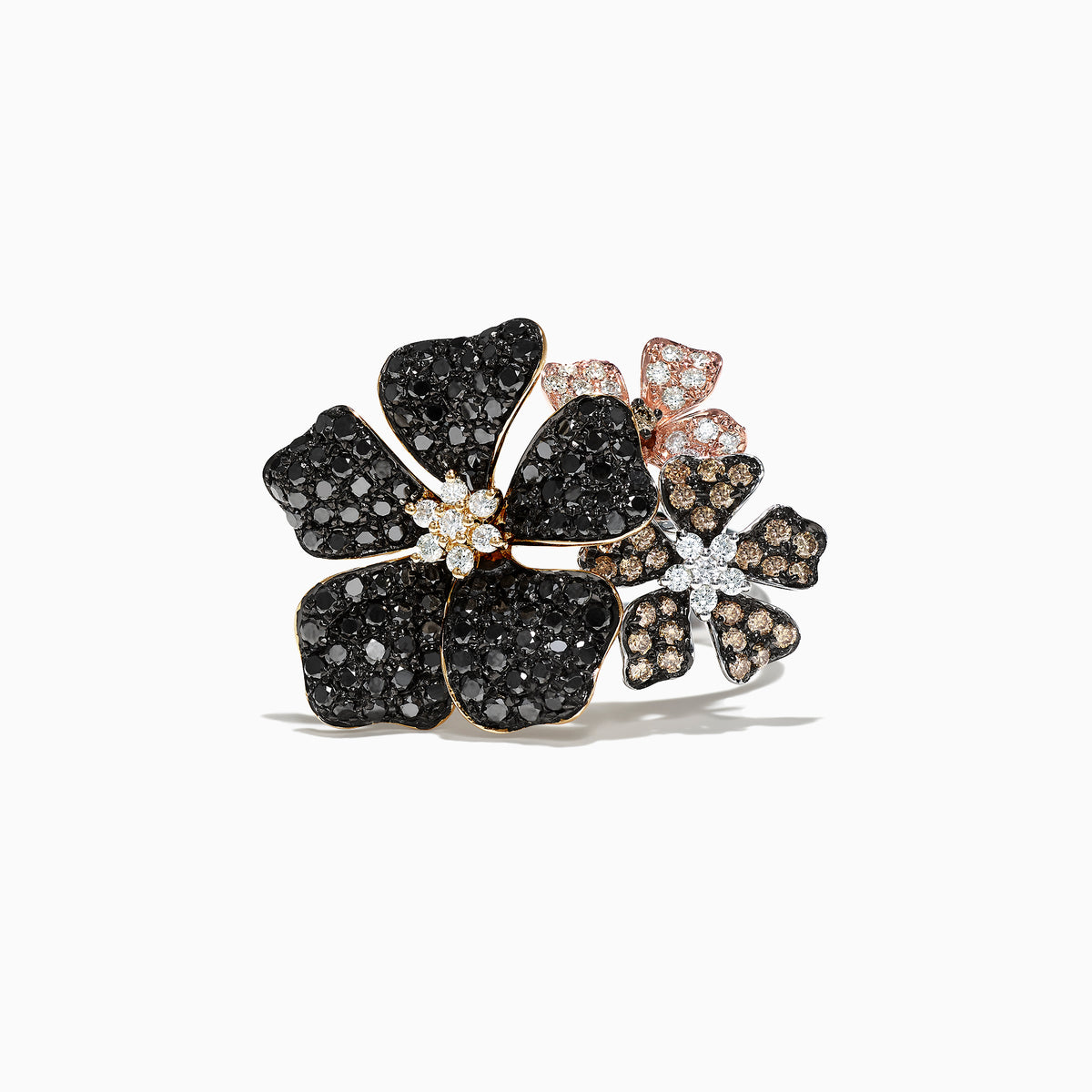 The Nature 14K Gold Black, Espresso & White Diamond Flower Ring, 2.04 TCW, showcases three overlapping diamond-encrusted flowers that embody the Effy Nature collection’s elegance against a crisp white background.