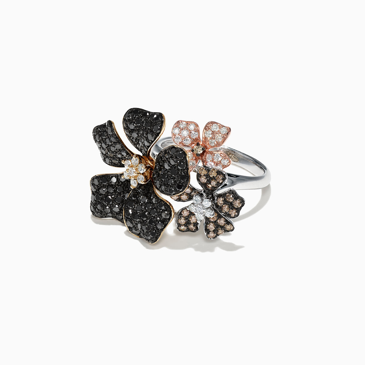 The Nature 14K Gold Black, Espresso & White Diamond Flower Ring, 2.04 TCW, showcases three overlapping diamond-encrusted flowers that embody the Effy Nature collection’s elegance against a crisp white background.