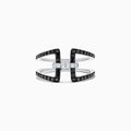 A striking 14K White Gold Black and White Diamond Ring, 0.49 TCW, showcases an open geometric design with two parallel black diamond bands connected by a central row of sparkling white diamonds.