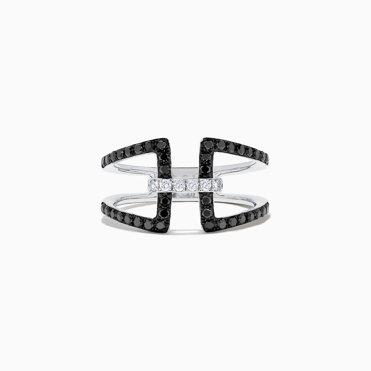 A striking 14K White Gold Black and White Diamond Ring, 0.49 TCW, showcases an open geometric design with two parallel black diamond bands connected by a central row of sparkling white diamonds.