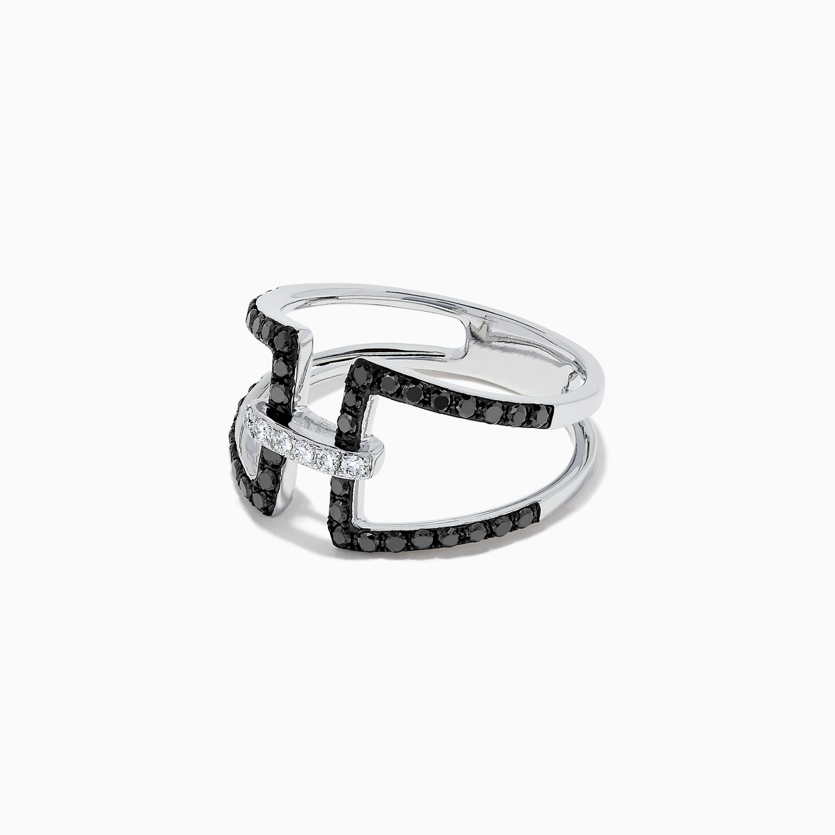 A striking 14K White Gold Black and White Diamond Ring, 0.49 TCW, showcases an open geometric design with two parallel black diamond bands connected by a central row of sparkling white diamonds.