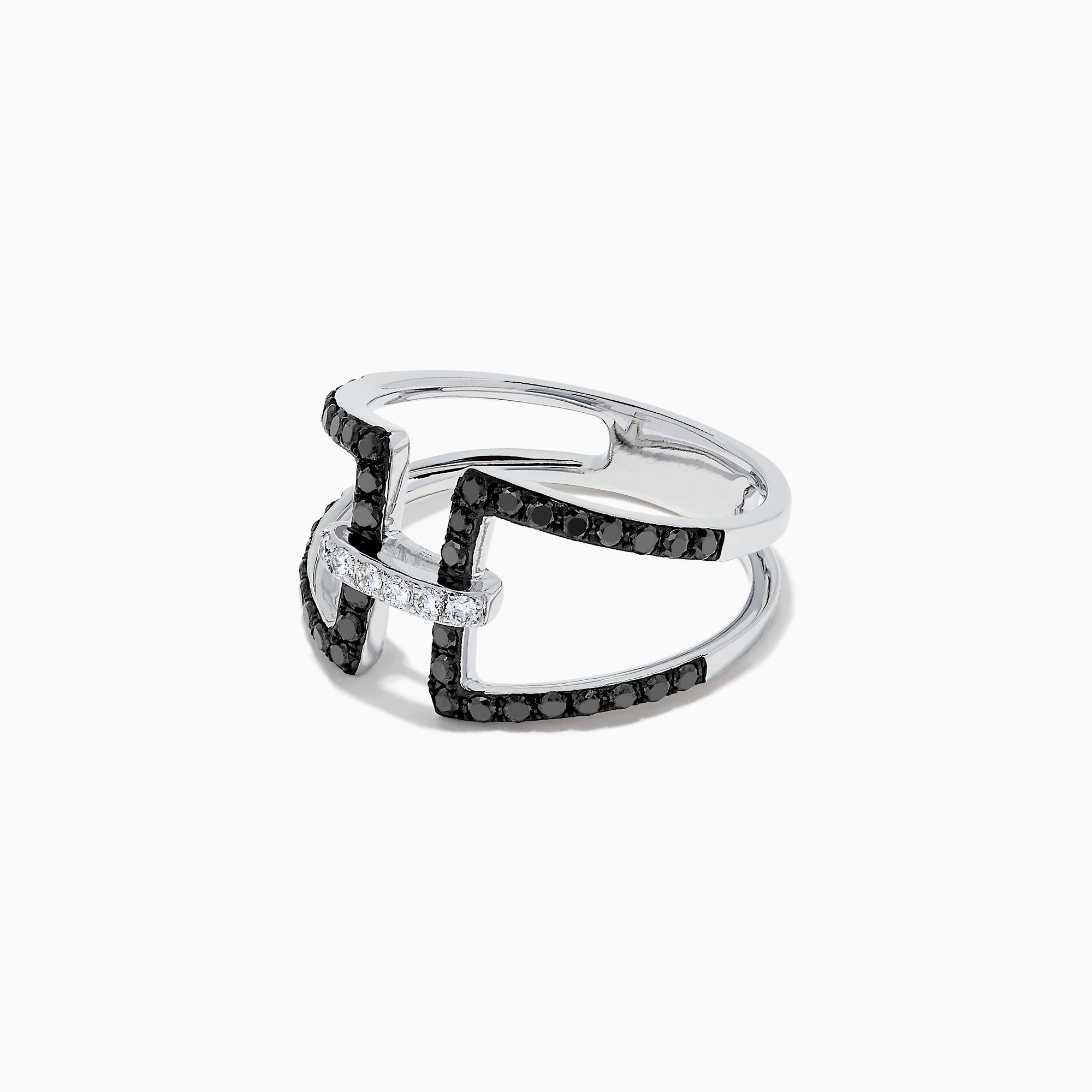 A striking 14K White Gold Black and White Diamond Ring, 0.49 TCW, showcases an open geometric design with two parallel black diamond bands connected by a central row of sparkling white diamonds.