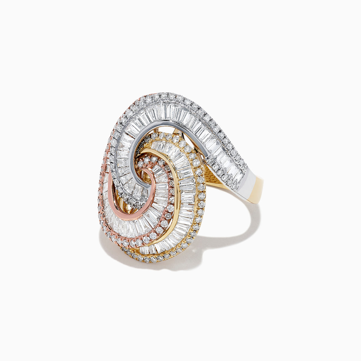 The Trio 14K Tri Color Gold Diamond Swirl Statement Ring, 1.66 TCW, features a spiral design with clear, pink, and yellow diamonds set in white, yellow, and rose gold for a luxurious look.