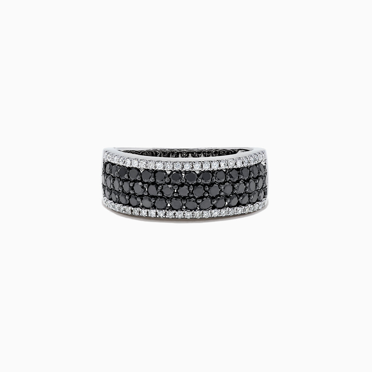 The 14K White Gold Black and White Diamond Ring, 1.28 TCW, features three rows of round black stones in the center, bordered on top and bottom by single rows of sparkling white diamonds.