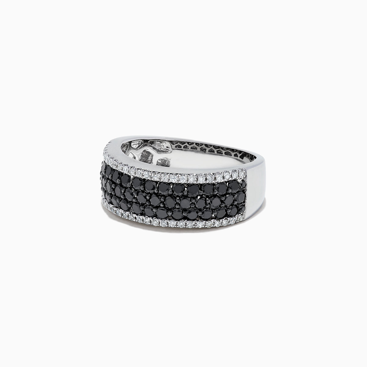 The 14K White Gold Black and White Diamond Ring, 1.28 TCW, features three rows of round black stones in the center, bordered on top and bottom by single rows of sparkling white diamonds.