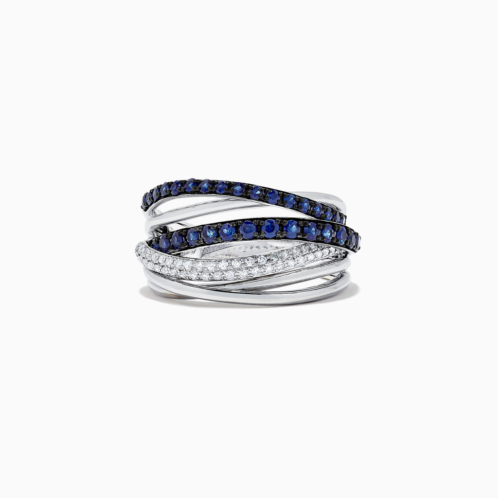 The Royale Bleu 14K White Gold Blue Sapphire & Diamond Ring (0.91 TCW) features intertwined bands, one set with blue sapphires and another with sparkling diamonds, all displayed against a white background.