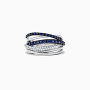 The Royale Bleu 14K White Gold Blue Sapphire & Diamond Ring (0.91 TCW) features intertwined bands, one set with blue sapphires and another with sparkling diamonds, all displayed against a white background.