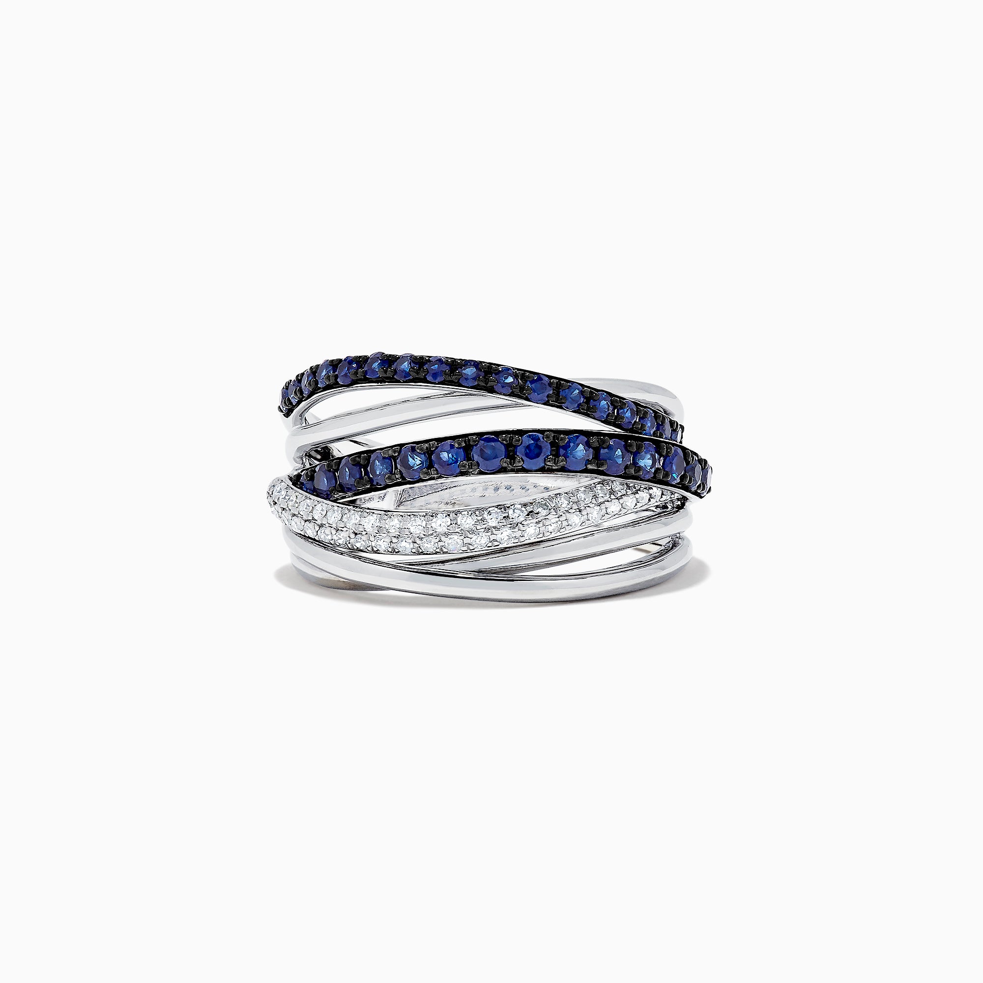 The Royale Bleu 14K White Gold Blue Sapphire & Diamond Ring (0.91 TCW) features intertwined bands, one set with blue sapphires and another with sparkling diamonds, all displayed against a white background.