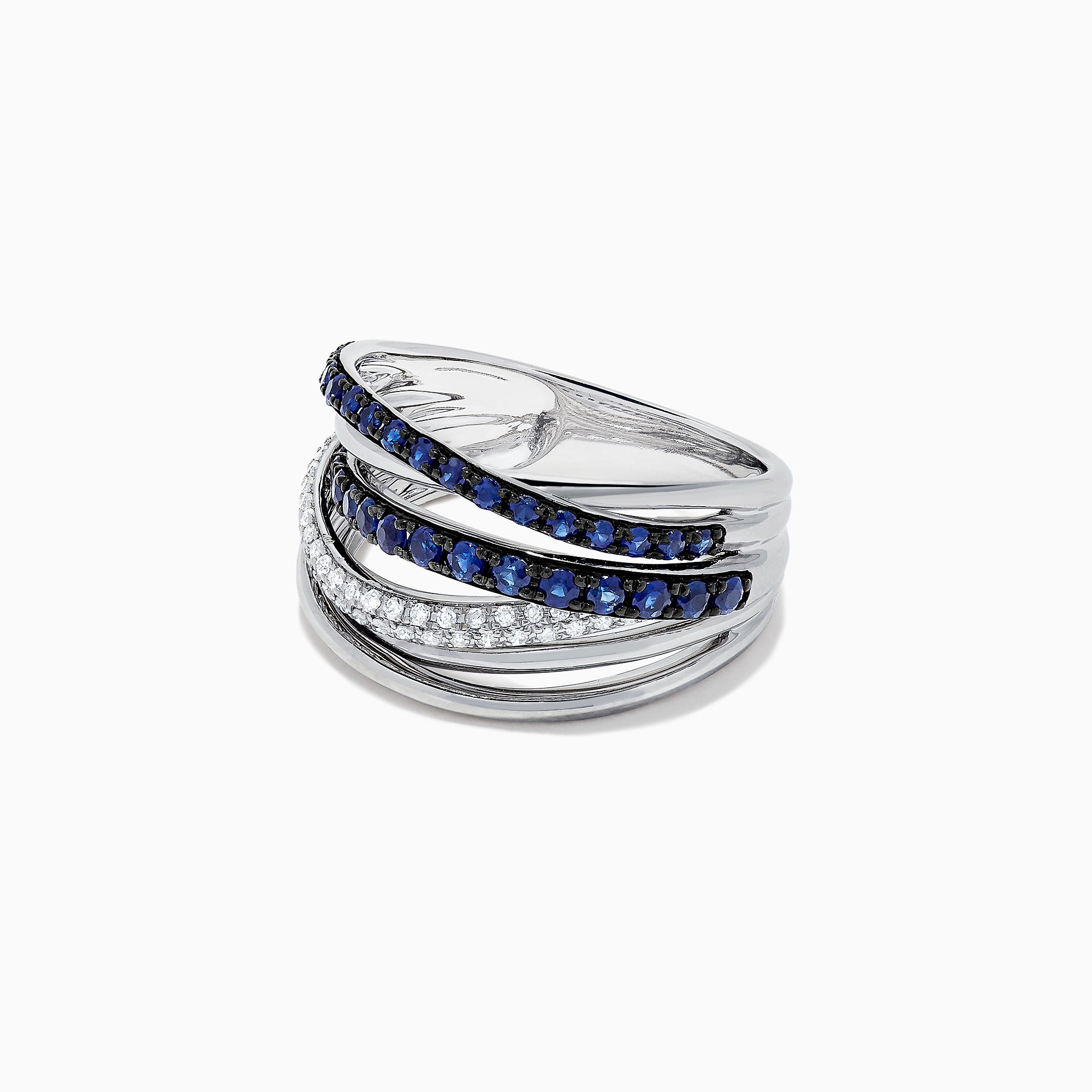The Royale Bleu 14K White Gold Blue Sapphire & Diamond Ring (0.91 TCW) features intertwined bands, one set with blue sapphires and another with sparkling diamonds, all displayed against a white background.