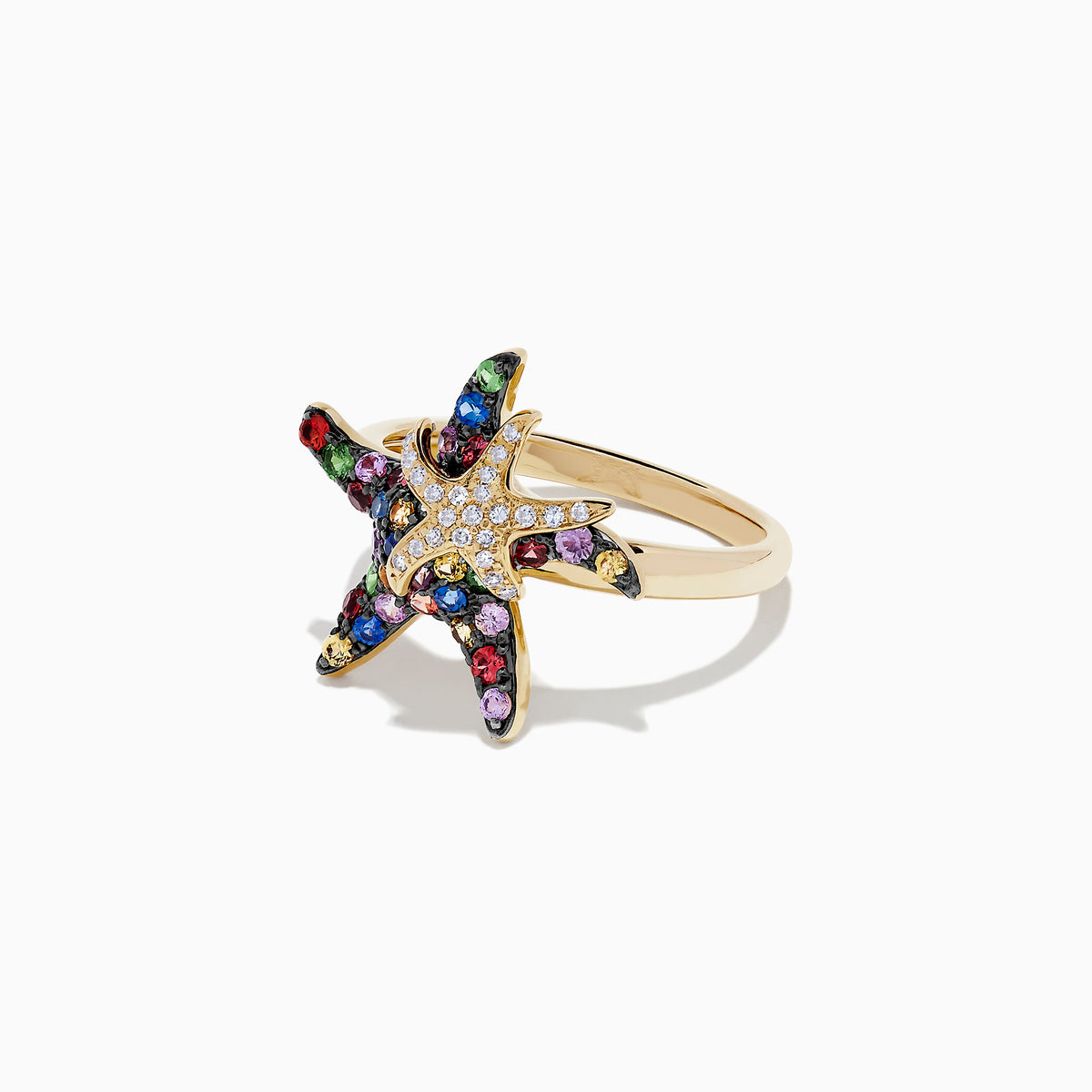Watercolors 14K Yellow Gold Sapphire & Diamond Starfish Ring, 0.84 TCW, features two overlapping starfish—one large, one small—adorned with colorful sapphires and diamonds, set against a plain white background.