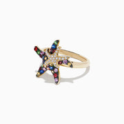 Watercolors 14K Yellow Gold Sapphire & Diamond Starfish Ring, 0.84 TCW, features two overlapping starfish—one large, one small—adorned with colorful sapphires and diamonds, set against a plain white background.
