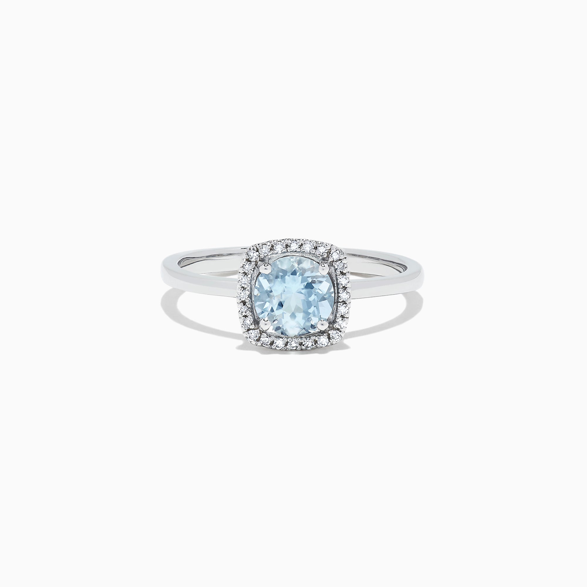 The Aquarius 14K White Gold Aquamarine and Diamond Ring, 0.78 TCW, features a cushion-cut aquamarine center with a diamond halo, shown on a white background.