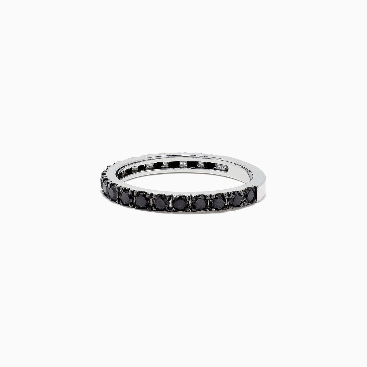 The 14K White Gold Black Diamond Stack Ring, 0.65 TCW, features small round black diamonds encircling the band and is shown against a white background.