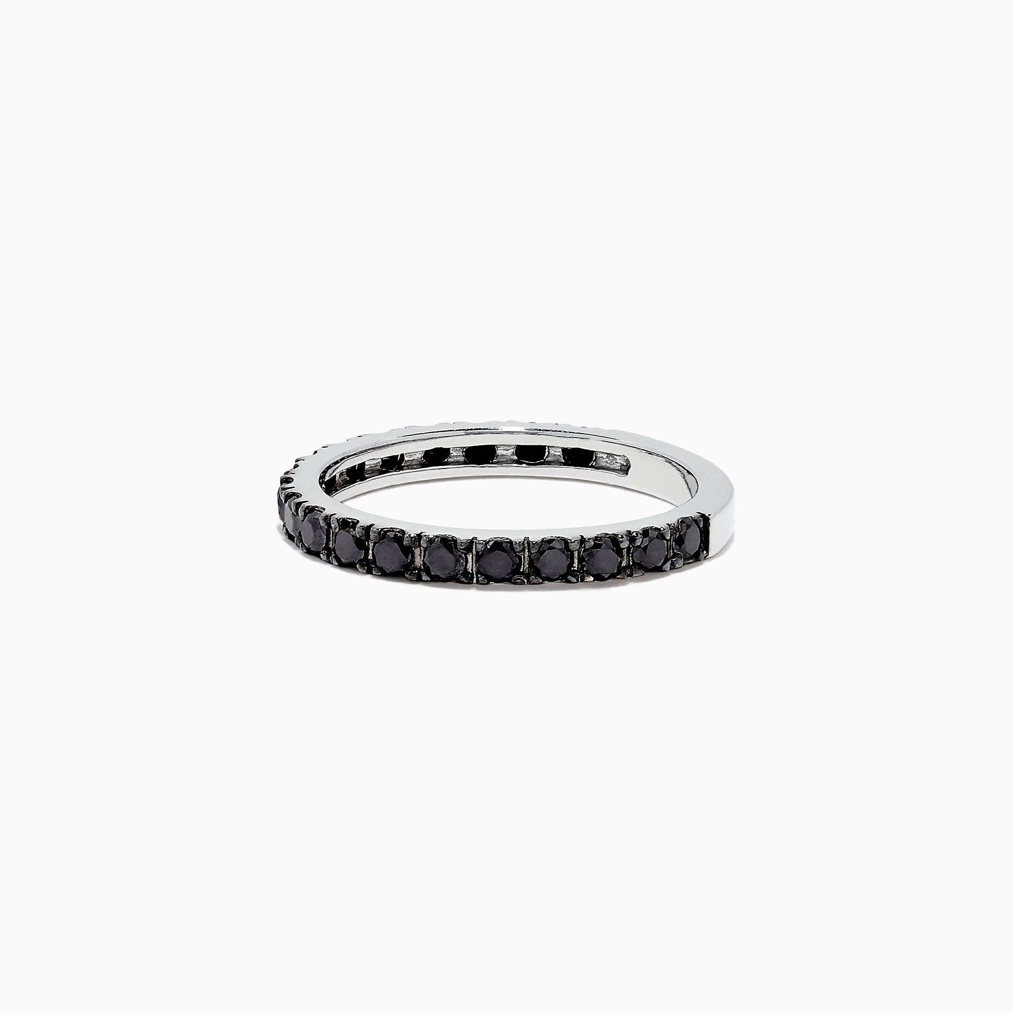 The 14K White Gold Black Diamond Stack Ring, 0.65 TCW, features small round black diamonds encircling the band and is shown against a white background.