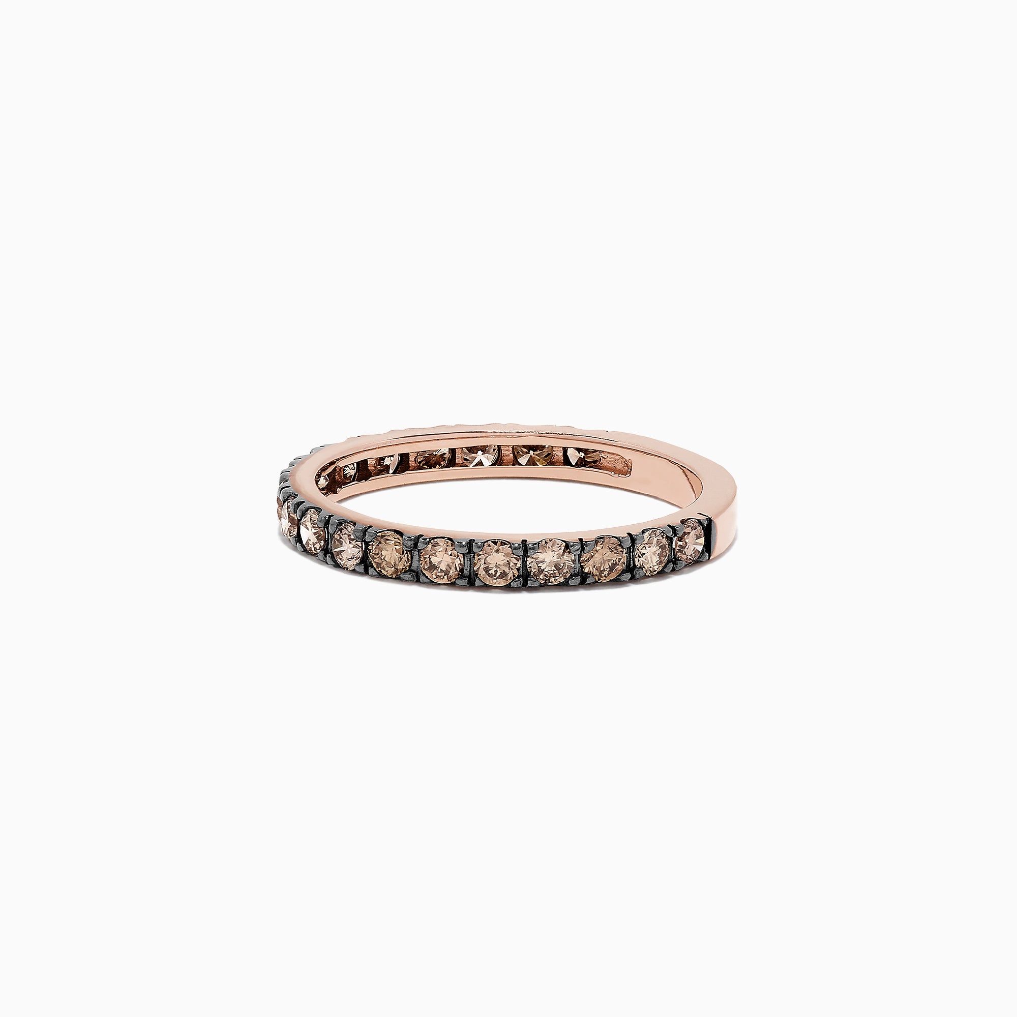 The 14K Rose Gold Brown Diamond Stacking Ring, 0.65 TCW, showcases a full circle of round brown diamonds in a channel setting, perfect for stacking and shown against a white backdrop.