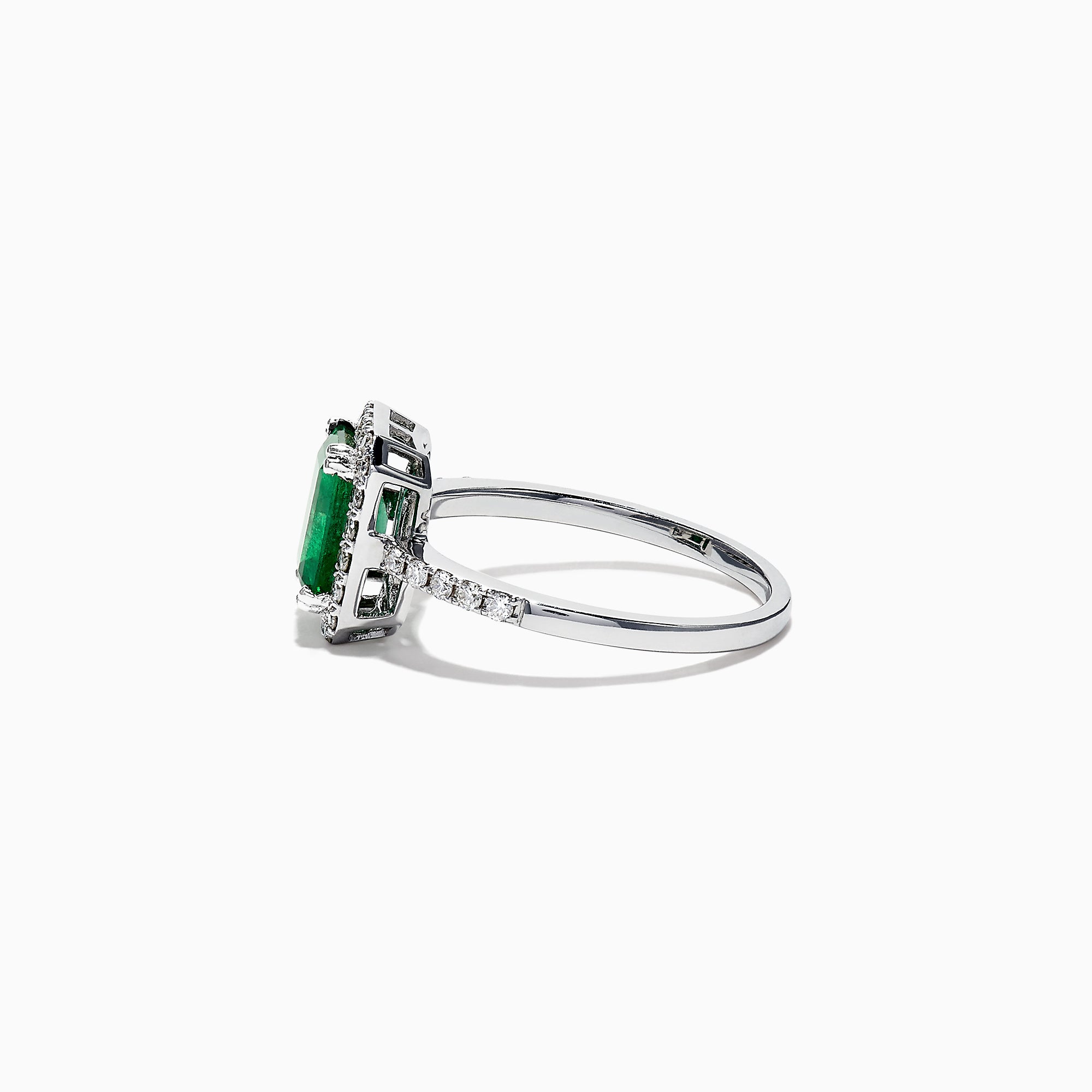 The Brasilica 14K White Gold Emerald and Diamond Ring, 1.69 TCW, features a rectangular green emerald center stone with a halo of round diamonds and additional diamonds on the band, shown against a white background.