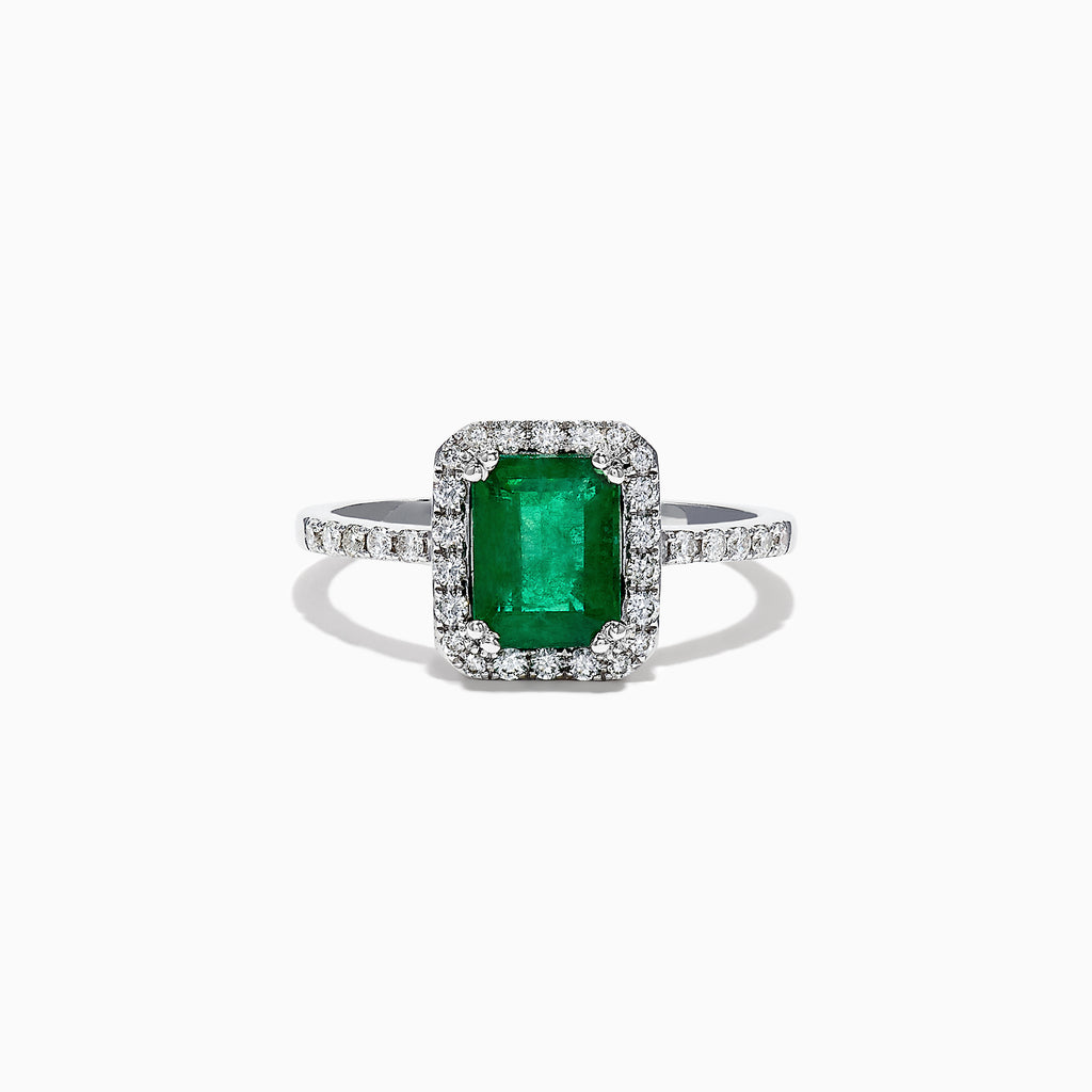 The Brasilica 14K White Gold Emerald and Diamond Ring, 1.69 TCW, features a rectangular green emerald center stone with a halo of round diamonds and additional diamonds on the band, shown against a white background.