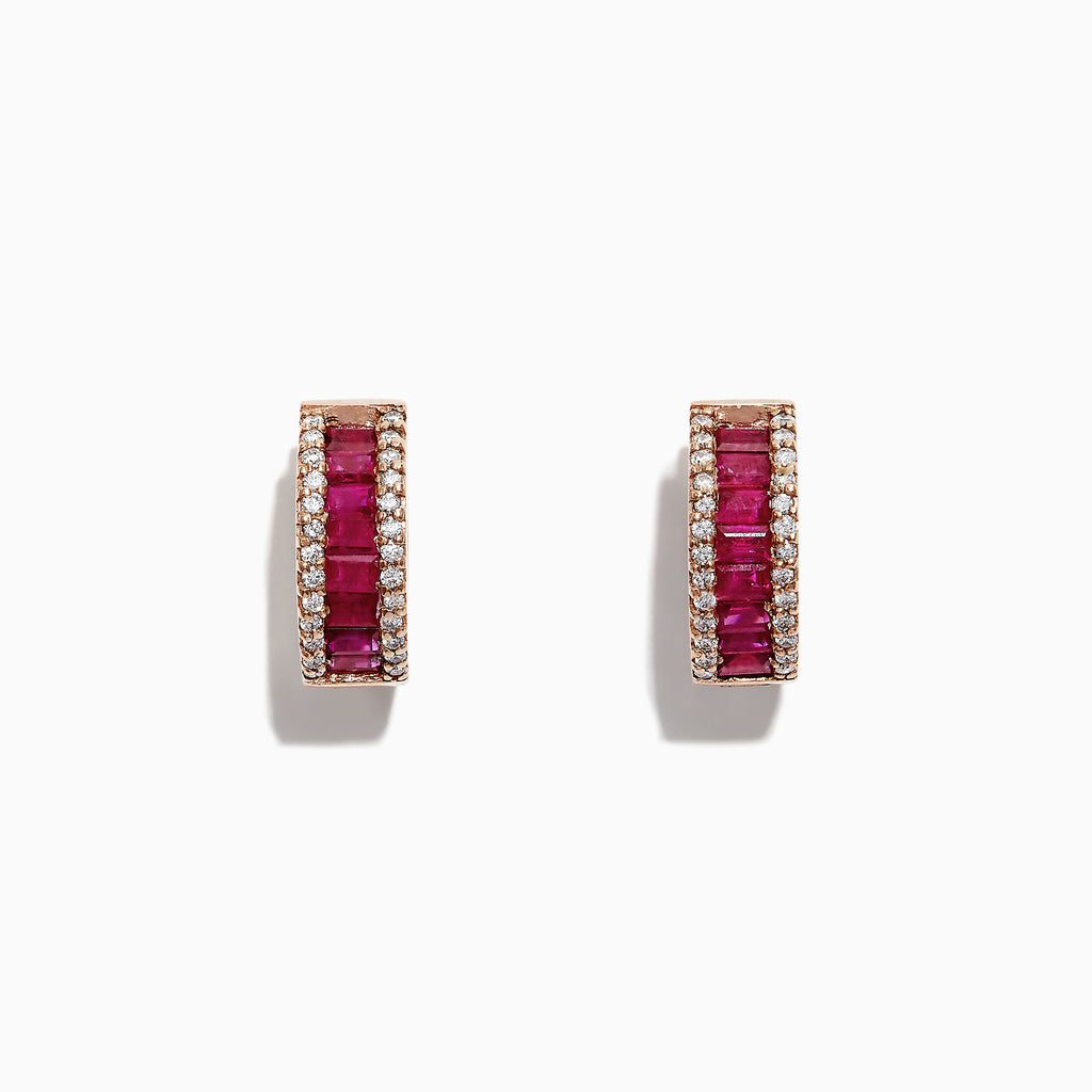 The Ruby Royale 14K Rose Gold Baguette Cut Ruby Hoop Earrings (1.90 TCW) feature red baguette rubies bordered by two rows of white diamonds, shown on a white background.
