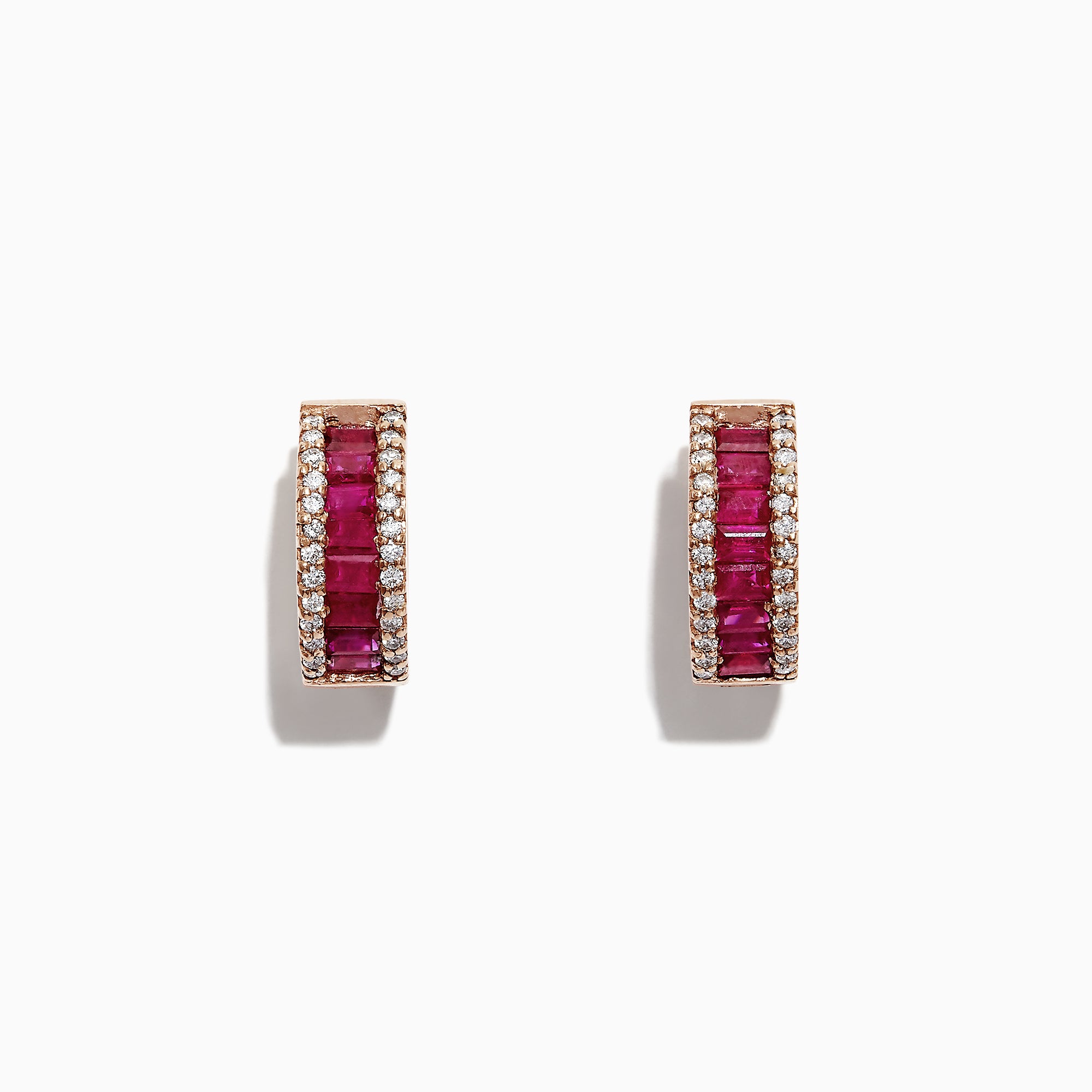 The Ruby Royale 14K Rose Gold Baguette Cut Ruby Hoop Earrings (1.90 TCW) feature red baguette rubies bordered by two rows of white diamonds, shown on a white background.