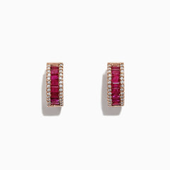 The Ruby Royale 14K Rose Gold Baguette Cut Ruby Hoop Earrings (1.90 TCW) feature red baguette rubies bordered by two rows of white diamonds, shown on a white background.