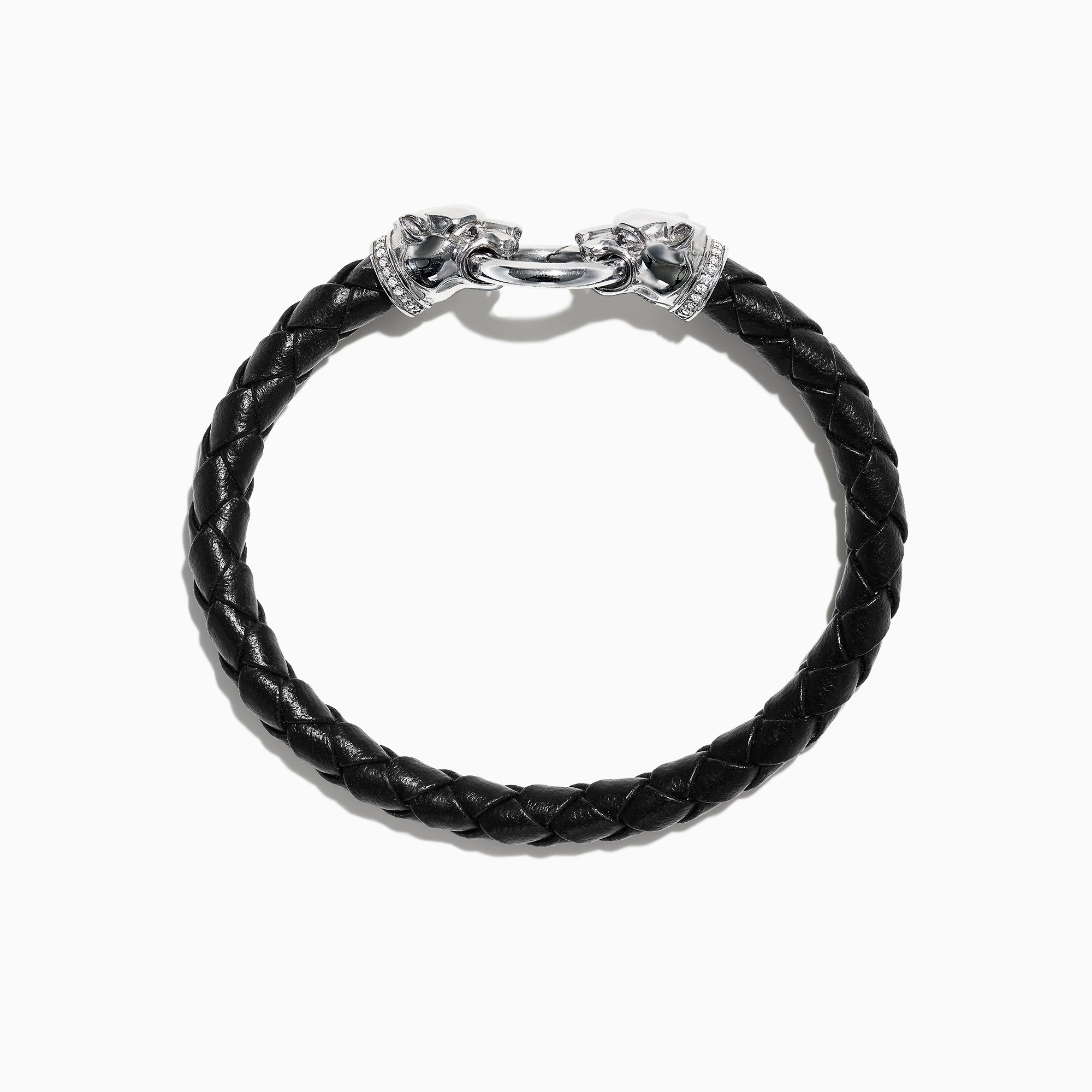 The Mens Sterling Silver and Leather Diamond Accented Panther Bracelet 0.16 TCW features braided black leather, sterling silver panther head end caps, a silver clasp, and is shown on a white background.