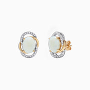 Aurora 14K Two Tone Gold Opal and Diamond Stud Earrings, 2.06 TCW, feature opals set in gold and silver with a double oval halo of sparkling diamonds.
