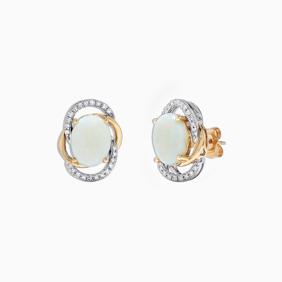 Aurora 14K Two Tone Gold Opal and Diamond Stud Earrings, 2.06 TCW, feature opals set in gold and silver with a double oval halo of sparkling diamonds.