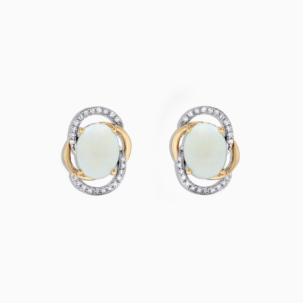 Aurora 14K Two Tone Gold Opal and Diamond Stud Earrings, 2.06 TCW, feature opals set in gold and silver with a double oval halo of sparkling diamonds.