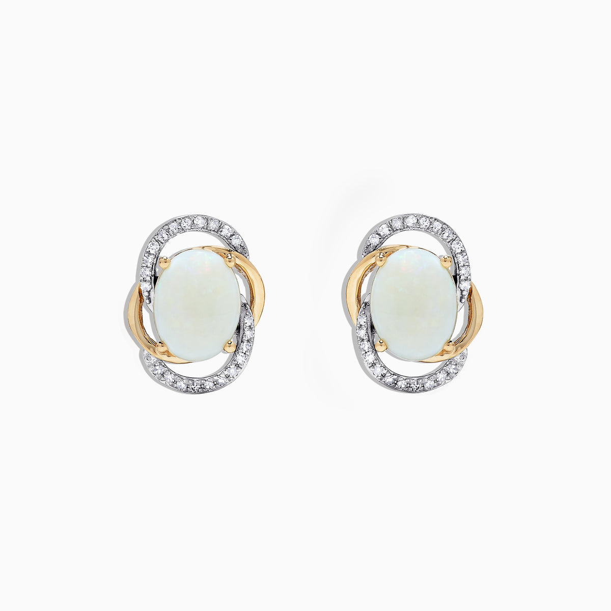 Aurora 14K Two Tone Gold Opal and Diamond Stud Earrings, 2.06 TCW, feature opals set in gold and silver with a double oval halo of sparkling diamonds.