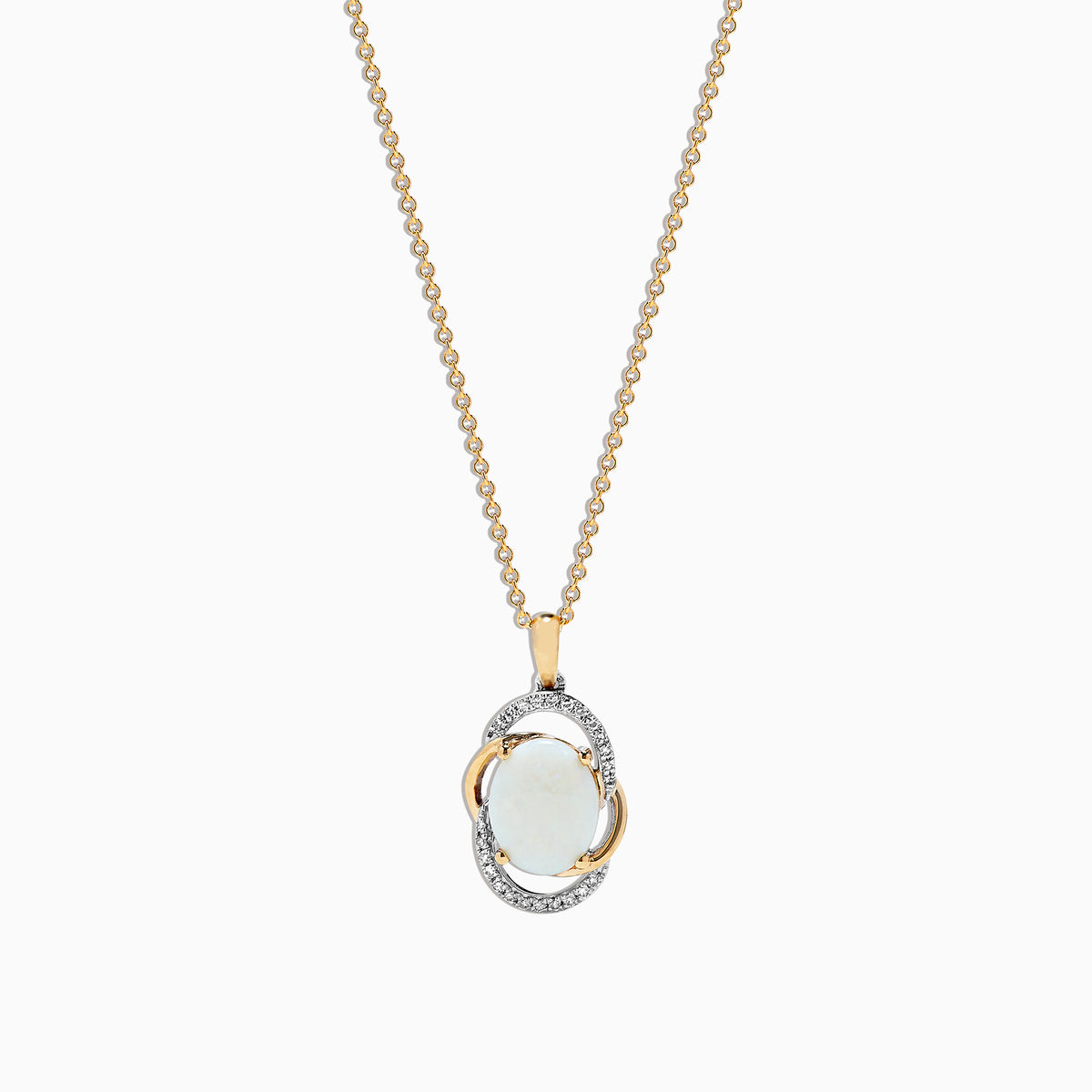 The Aurora 14K Two Tone Gold Opal and Diamond Pendant (1.49 TCW) features an oval opal centerpiece, accented by gold and silver loops with sparkling diamonds highlighting the silver sections.