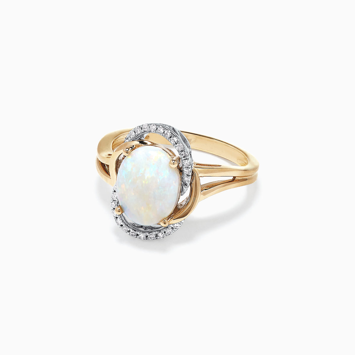 The Aurora 14K Two Tone Gold Opal and Diamond Ring, 1.49 TCW, showcases an oval opal center surrounded by white diamonds on a split-shank band, presented against a white background.