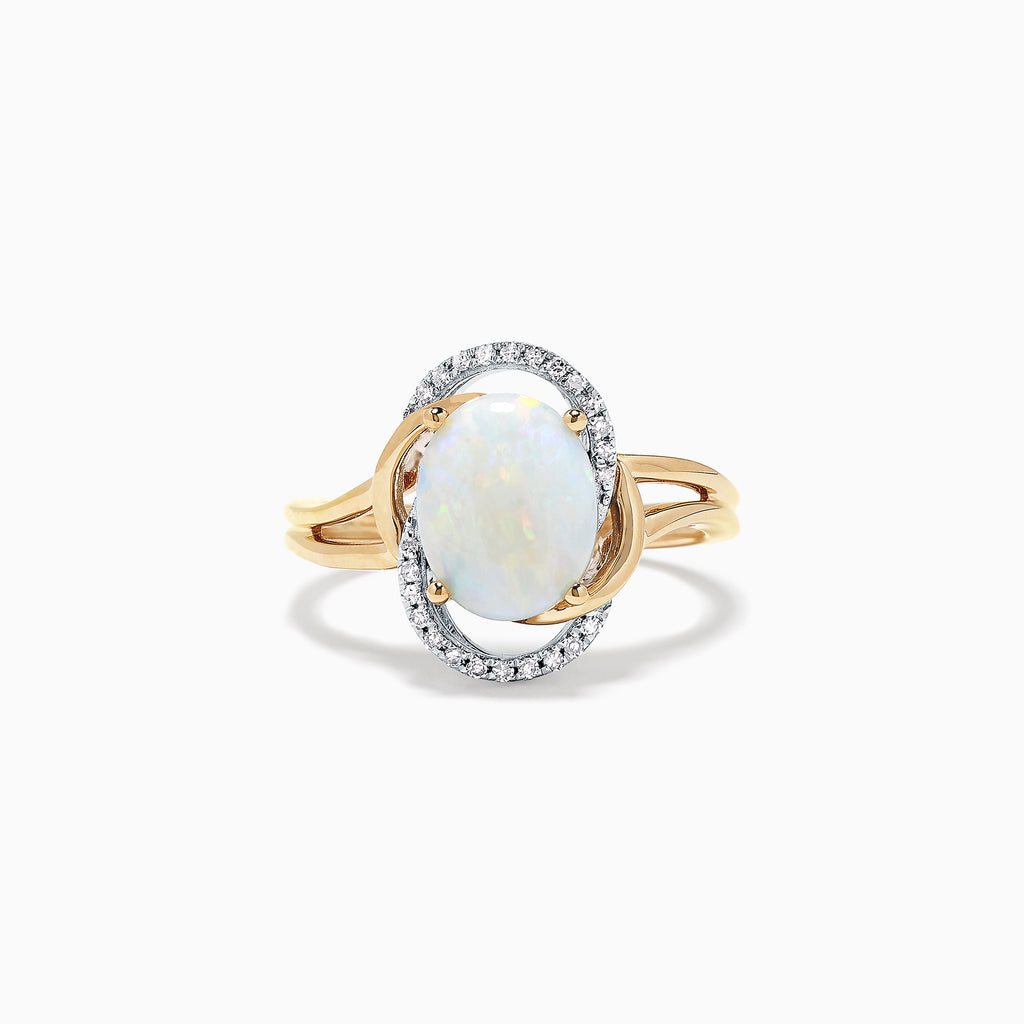 The Aurora 14K Two Tone Gold Opal and Diamond Ring, 1.49 TCW, showcases an oval opal center surrounded by white diamonds on a split-shank band, presented against a white background.
