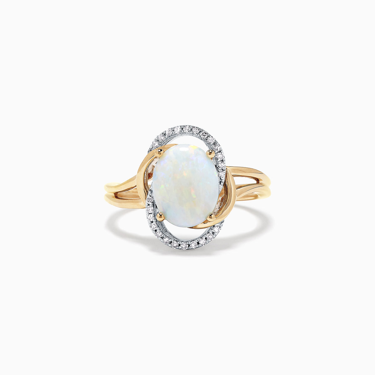 The Aurora 14K Two Tone Gold Opal and Diamond Ring, 1.49 TCW, showcases an oval opal center surrounded by white diamonds on a split-shank band, presented against a white background.