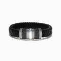 Mens Sterling Silver and Leather Black Sapphire Bracelet, 2.70 TCW, featuring a black braided leather band, sterling silver clasp with black sapphires, and striped detailing, shown on a white background.