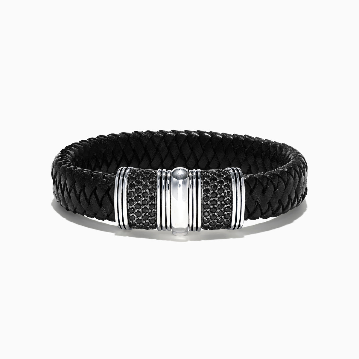 Mens Sterling Silver and Leather Black Sapphire Bracelet, 2.70 TCW, featuring a black braided leather band, sterling silver clasp with black sapphires, and striped detailing, shown on a white background.