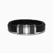 Mens Sterling Silver and Leather Black Sapphire Bracelet, 2.70 TCW, featuring a black braided leather band, sterling silver clasp with black sapphires, and striped detailing, shown on a white background.