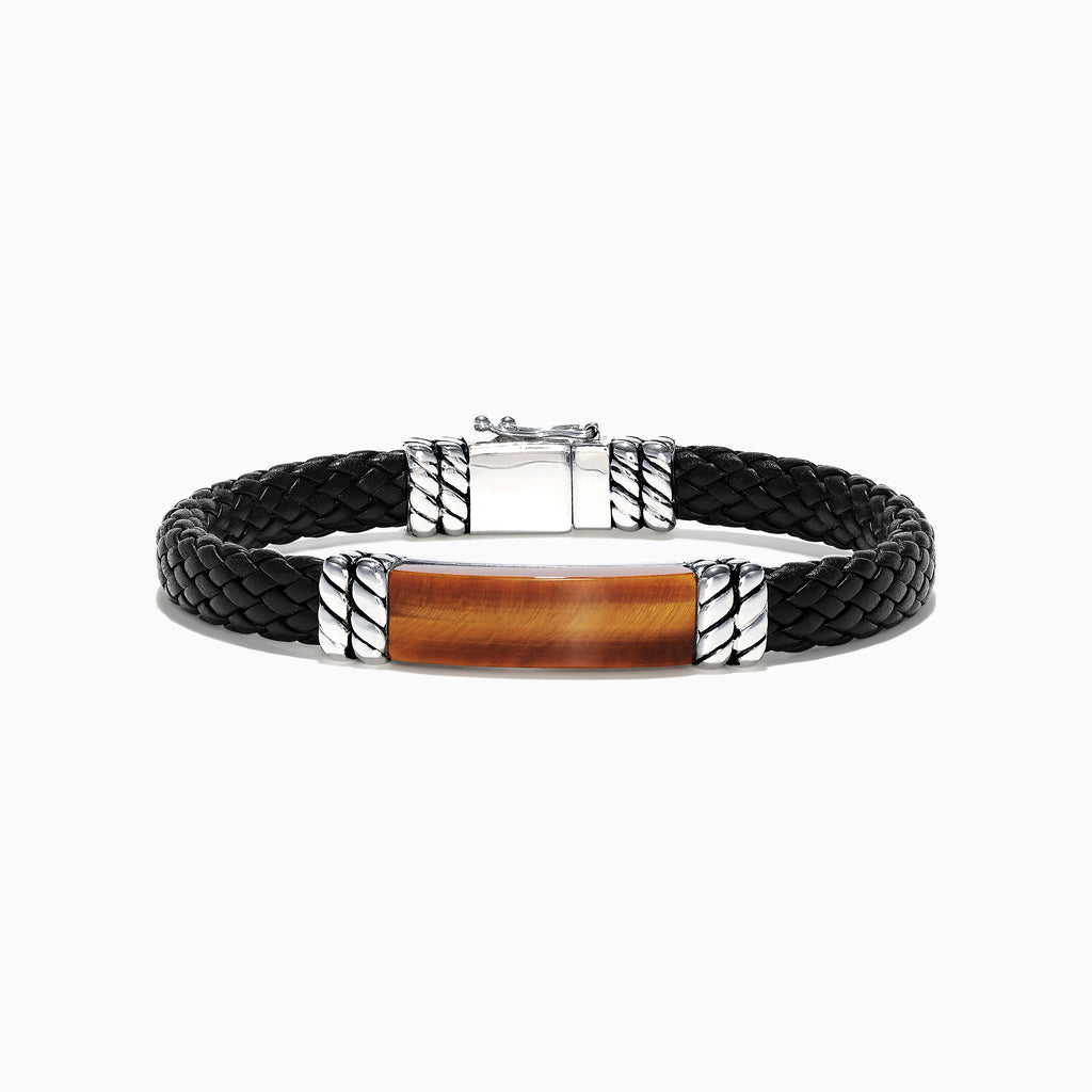 Effy Men's Sterling Silver Leather Tiger's Eye Bracelet, 12.00 TCW