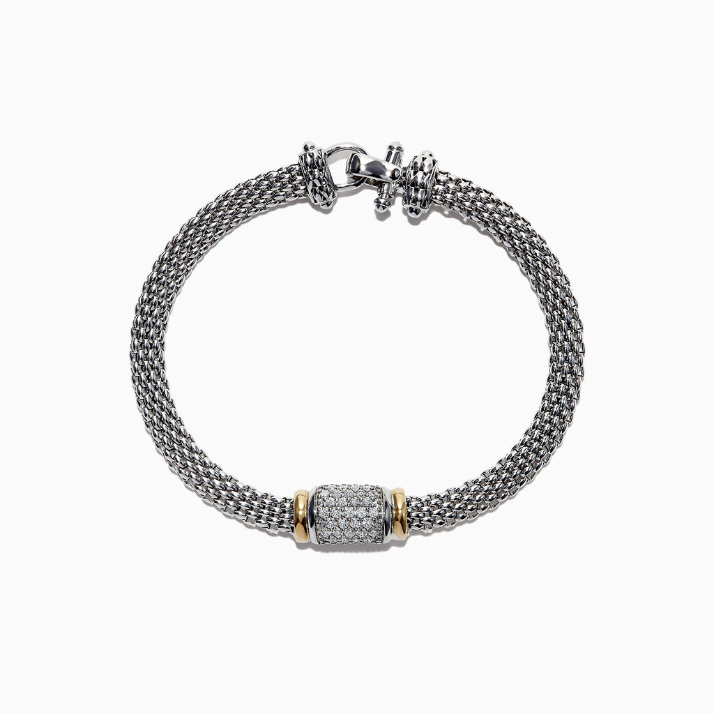 The 925 Sterling Silver & 18K Yellow Gold Diamond Bracelet, 0.53 TCW, features a mesh chain with a diamond-encrusted cylindrical centerpiece accented by yellow gold bands, displayed on a white background.