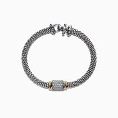 The 925 Sterling Silver & 18K Yellow Gold Diamond Bracelet, 0.53 TCW, features a mesh chain with a diamond-encrusted cylindrical centerpiece accented by yellow gold bands, displayed on a white background.
