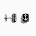 Mens Sterling Silver Onyx Anchor Cufflinks, 9.85 TCW, feature rectangular black onyx faces with raised silver anchor designs and twisted rope borders, displayed against a plain white background.