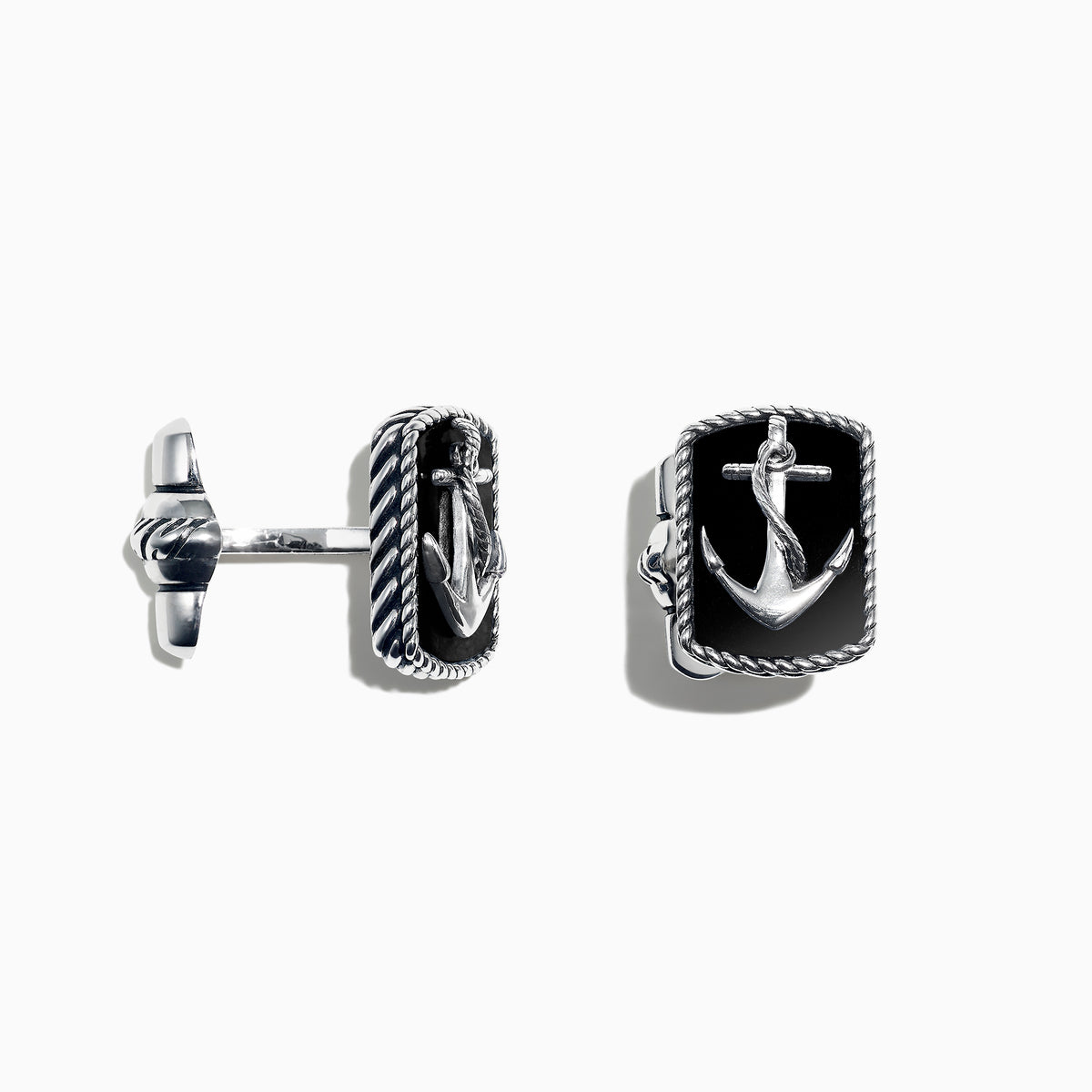 Mens Sterling Silver Onyx Anchor Cufflinks, 9.85 TCW, feature rectangular black onyx faces with raised silver anchor designs and twisted rope borders, displayed against a plain white background.